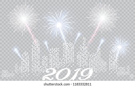 Festive patterned fireworks in the city, bursting in various forms, sparkling pictograms Abstract. New Year and birthdays. Vector illustration