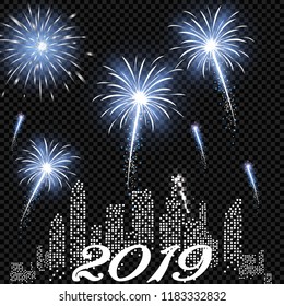 Festive patterned fireworks in the city, bursting in various forms, sparkling pictograms Abstract. New Year and birthdays. Vector illustration
