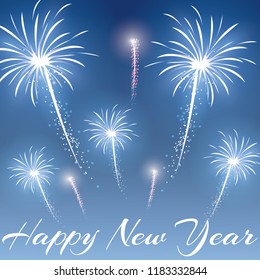Festive patterned fireworks in the city, bursting in various forms, sparkling pictograms Abstract. New Year and birthdays. Vector illustration