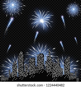Festive patterned fireworks in the city, bursting in various forms, sparkling pictograms Abstract. New Year and birthdays. Vector illustration