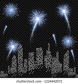 Festive patterned fireworks in the city, bursting in various forms, sparkling pictograms Abstract. New Year and birthdays. Vector illustration