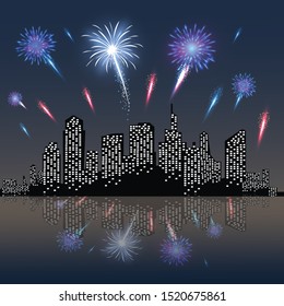 Festive patterned fireworks in the city, bursting in various forms, sparkling pictograms Abstract. New Year and birthdays. Vector illustration