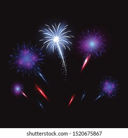 Festive patterned fireworks in the city, bursting in various forms, sparkling pictograms Abstract. New Year and birthdays. Vector illustration