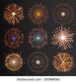 Festive patterned transparent fireworks isolated bursting in various shapes sparkling pictograms set. Fireworks night Vector illustration