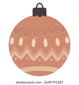 A festive, peach-colored Christmas ornament with white and light brown wavy and dotted patterns, featuring a dark brown cap. Isolated on white, perfect for holiday designs.
