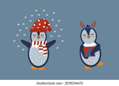 Festive Penguins for New Year's design. Cartoon set of characters with birds of winter. Vector illustration