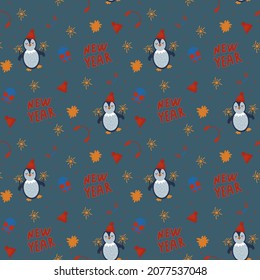Festive Penguins pattern. Cute doodle background Christmas. Winter animals circle hats, deer antlers, snow for textiles. Vector illustration