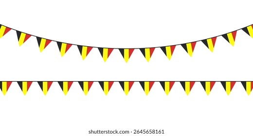 Bandeira de flâmula festiva com bandeiras pretas, amarelas e vermelhas inspiradas na bandeira belga, perfeita para feriados nacionais, desfiles ou eventos culturais.