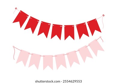 Festive Pennant garland on rope in trendy monochrome pale pink and red. Valentines Day element Set 2