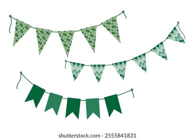 Festive pennant garland on rope in monochrome green and pattern St Patrick Day design elements Set 3