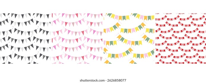 Festive pennant garland on rope Seamless Pattern Grayscale Monochrome pink, red and multicolored Set