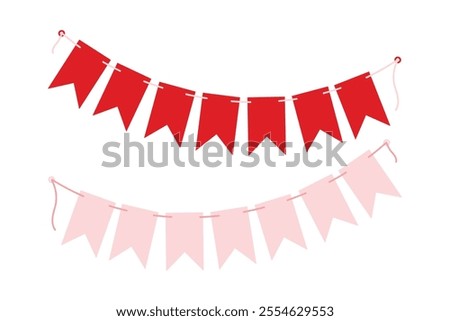 Festive Pennant garland on rope in trendy monochrome pale pink and red. Valentines Day element Set 2