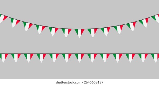 Festive pennant garland with red, white, and green triangular flags hanging on a gray background, perfect for celebrations and national holidays.