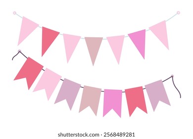 Festive Pennant garlands on rope in trendy soft shades. Holiday Decorative design element idea Set 2