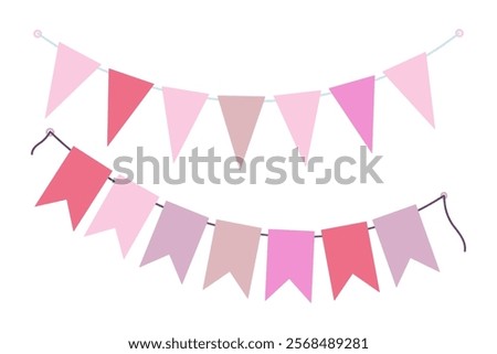 Festive Pennant garlands on rope in trendy soft shades. Holiday Decorative design element idea Set 2