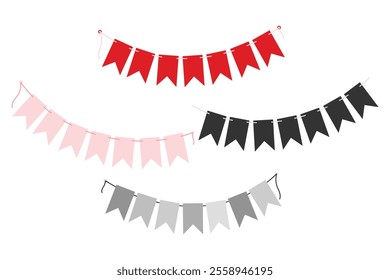 Festive Pennant garlands on string in trendy red, pink and grayscale. Set 4 greeting design elements