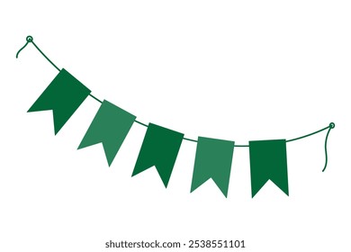 Guirnalda de banderines festivos en la cuerda en verde monocromo de moda. Elemento de diseño de saludo del Día de San Patricio