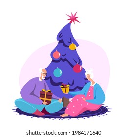 Festive People Celebrate New Year and Christmas Holidays Senior old Man and Woman grandfather and granmother Sitting at Decorated Fir Tree Opening and exchanging Gifts Cartoon Flat Vector Illustration