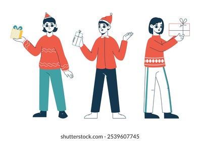 Festive people with Christmas gifts. Characters carrying xmas gifts boxes, winter holidays gifts flat vector illustration. Happy folks with presents