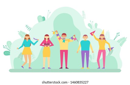 Festive people in good mood at party in park vector, partying man and woman with festival attributes and decor. Cake and paper caps on hats of friends, flags. Flat cartoon