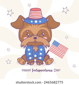 Mascota festiva. Perro Yorkshire Terrier en sombrero de fiesta y ropa con bandera estadounidense. Caricatura lindo personaje animal patriótico. Tarjeta del Día de la Independencia Americana del 4 de julio de Festiva. Ilustración vectorial
