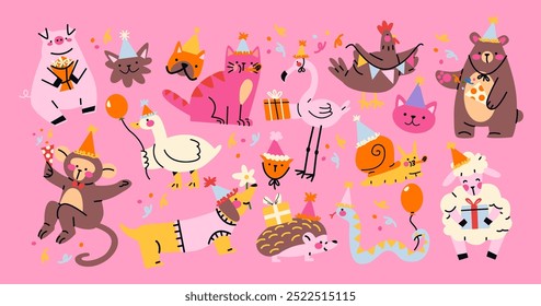 Festive pets happy birthday. Happy animals celebrate party with party hats on their heads. Cartoon stickers for cards, invitations and posters