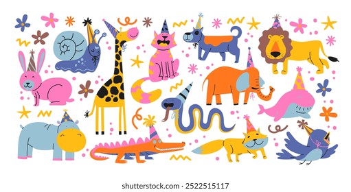 Festive pets happy birthday. Happy animals celebrate party with party hats on their heads. Cartoon stickers for cards, invitations and posters