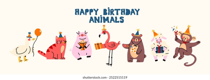 Festive pets happy birthday. Happy animals celebrate party with party hats on their heads. Cartoon stickers for cards, invitations and posters
