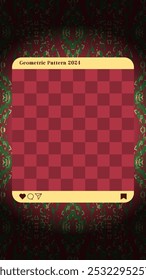 Festive photo collage template. Red background with gold and green accents. Intricate geometric patterns. Christmas color palette. Visually striking frame design. Suitable for holiday-themed projects.