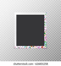 Festive photo frame with iridescent confetti isolated on transparent background