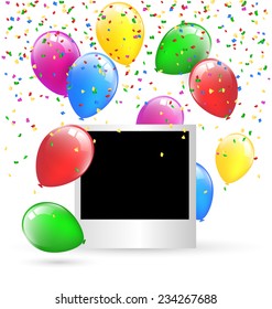 Festive photo frame with multicolored inflatable air balls and confetti isolated on white background 
