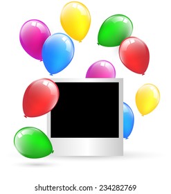 Festive photo frame with multicolored inflatable air balls isolated on white background 