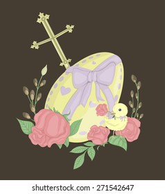 Festive picture of chicken next to a large Easter egg. Colored.