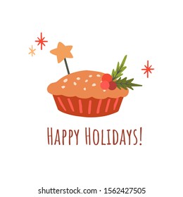 Festive pie. Christmas, New Year sketch drawing. Cute hand drawn vector illustration on white background for home textile, wallpaper, decor, pakaging