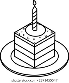 Festive Piece of Cake with Candles for Coloring. Vector Illustration of Cake on a Plate for a Birthday