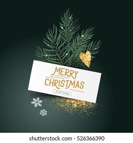 Festive Pine leaves and Decor.Christmas tree leaves with a label sign and seasonal decorations - vector illustration.
