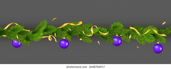 Festive pine tree garland with purple shiny baubles and golden ribbons - horizontal Christmas decoration border on transparent background. Holiday evergreen branches with ornaments for seasonal design