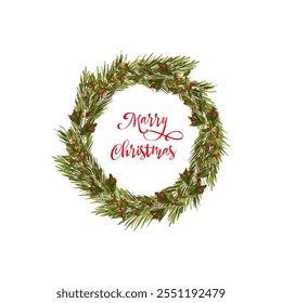 Festive pine wreath decorated with red berries and the words "Merry Christmas" is perfect for holiday cards, seasonal designs and decorations.Watercolor illustration