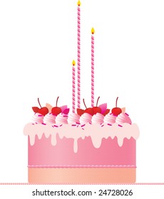 A festive pink cake with candles, cherries, meringues and cream decoration set against a white background. A great wedding cake or birthday cake.