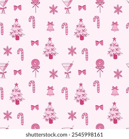Festive Pink Christmas Pattern With Candy Canes and Trees