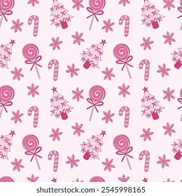 Festive Pink Christmas Pattern with Candy Canes and Snowflakes