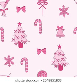 Festive Pink Christmas Pattern With Candy Canes and Trees