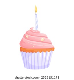 Festive pink cupcake with topper and birthday candles, in flat vector style, isolated on white background. Vector festive sweet desserts for a birthday or small celebration