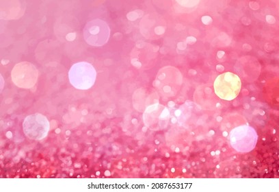 Festive pink and golden luminous background with colorful lights bokeh. Christmas concept Xmas greeting card. Magic holiday poster, banner. Night bright gold sparkles Vector Light abstract
