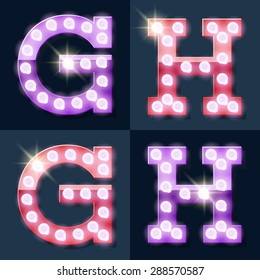 Festive pink and purple vector lamp alphabet for party, cinema and other entertainment. Letters G H