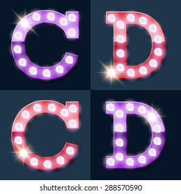 Festive pink and purple vector lamp alphabet for party, cinema and other entertainment. Letters C D