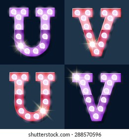 Festive pink and purple vector lamp alphabet for party, cinema and other entertainment. Letters U V