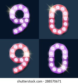 Festive pink and purple vector lamp alphabet for party, cinema and other entertainment. Numbers 9 0