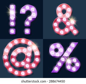 Alfabeto festivo de lámpara vectorial rosa y púrpura para fiestas, cine y otros espectáculos. Símbolos