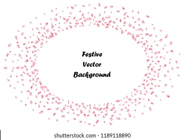 Festive pink rectangle confetti background. Abstract frame confetti texture for holiday, postcard, poster, website, carnival, birthday, children's parties. Cover confetti mock-up. Wedding card layout